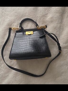 Charles & Kieth Black Croc-Embossed Top Handle Shoulder Bag with Gold Hardware
